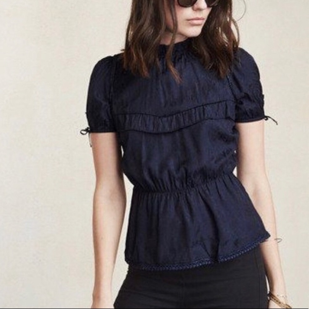Reformation Virgil Top Navy Blue Blouse